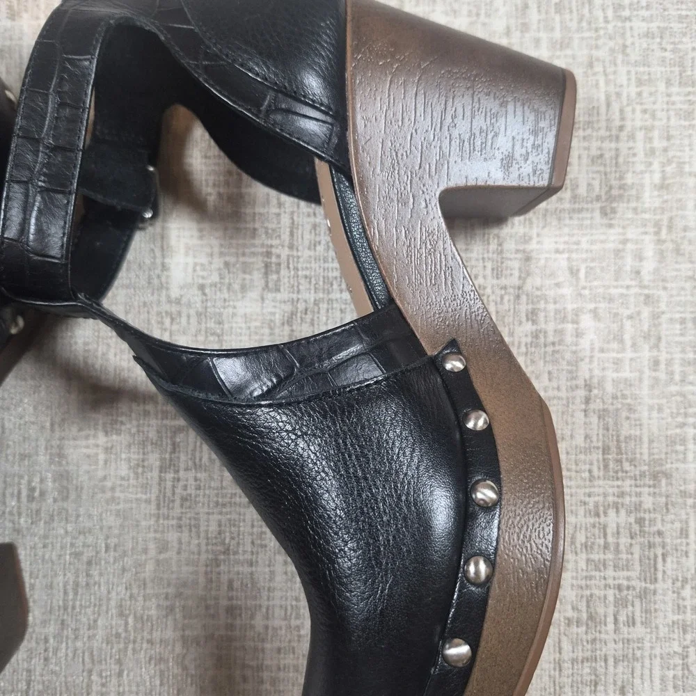 Chelsea & Violet Black Leather Heeled Clogs Studded Ankle Strap Shoes Size